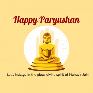 Image depicting a golden statue of Lord Mahavir in a meditative pose with the text 'Happy Paryushan'