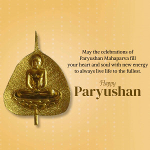Golden Bodhi leaf with a Jain Tirthankara statue and Paryushan greetings