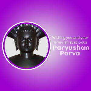 Image of a black Buddha bust with text wishing a happy Paryushan Parva