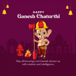 Cartoon illustration of Lord Ganesha with a firefighter helmet and tools, celebrating Ganesh Chaturthi.