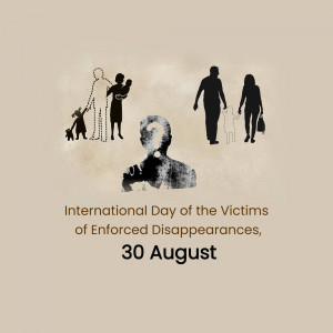 Silhouette figures representing families and a question mark with text commemorating the International Day of the Victims of Enforced Disappearances.