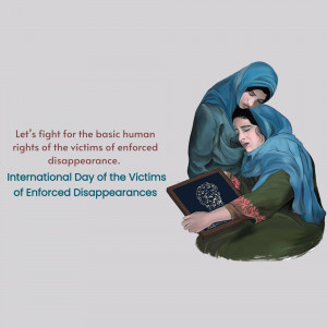 Illustration of two women in blue headscarves looking at a framed image, representing victims of enforced disappearances.