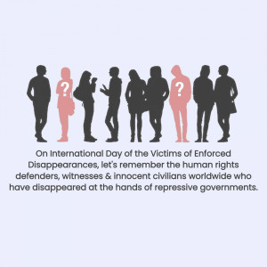 Silhouettes of people with question marks representing missing persons, with text commemorating the International Day of the Victims of Enforced Disappearances.
