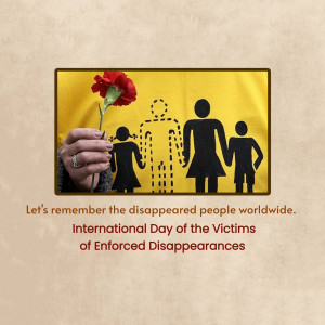 Image depicting a hand holding a red carnation in front of a silhouette of a family, with text commemorating the International Day of the Victims of Enforced Disappearances.