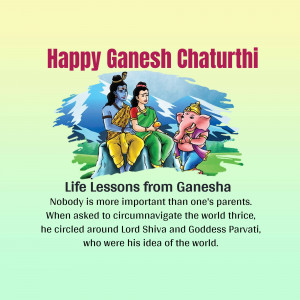 Illustration of Lord Shiva, Goddess Parvati, and Lord Ganesha with a Happy Ganesh Chaturthi greeting.