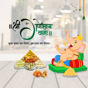 Illustration of Lord Ganesha with sweets and decorations for Ganesh Chaturthi