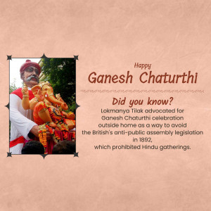 Image depicting a portrait of Lokmanya Tilak with a Ganesh idol and text about the history of Ganesh Chaturthi celebrations.