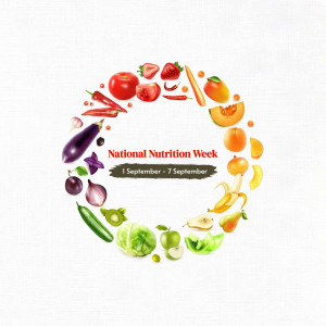 A circular arrangement of colorful fruits and vegetables with the text 'National Nutrition Week - 1 September - 7 September'.