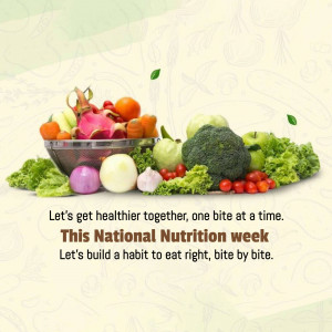 A colorful arrangement of fresh fruits and vegetables with text promoting National Nutrition Week.