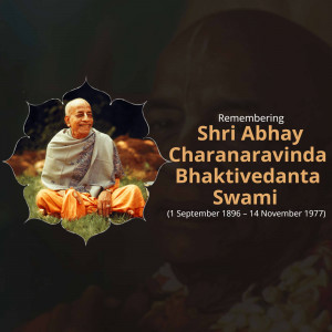 Portrait of Shri Abhay Charanaravinda Bhaktivedanta Swami with dates of birth and death