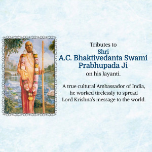 Portrait of A.C. Bhaktivedanta Swami Prabhupada Ji with a scenic background