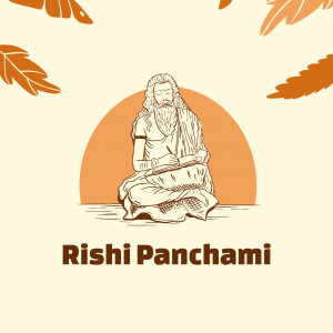 Illustration of a Rishi meditating with falling leaves and text 'Rishi Panchami'