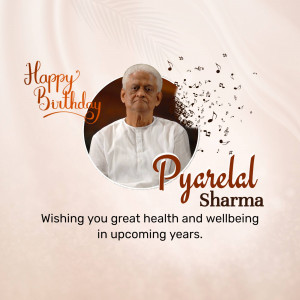 Birthday greeting for Pyarelal Sharma with a portrait and musical notes.