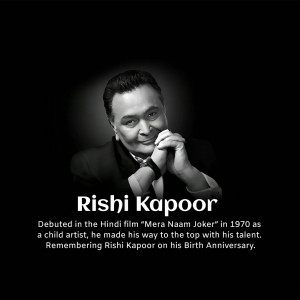 Black and white portrait of Rishi Kapoor with text about his career and birth anniversary.