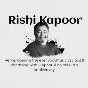 Black and white portrait of Rishi Kapoor with text commemorating his birth anniversary.