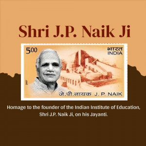 Image of a commemorative stamp featuring Shri J.P. Naik Ji with text honoring him.