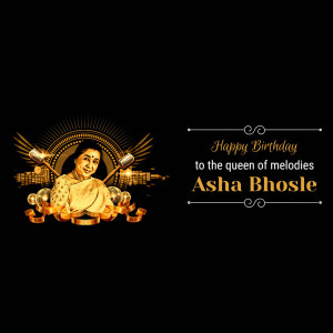 Golden portrait of Asha Bhosle with musical elements and birthday wishes
