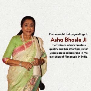 Portrait of Asha Bhosle in a green and white saree with a birthday greeting.