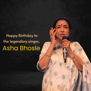 Portrait of Asha Bhosle, the legendary Indian singer, with a microphone.