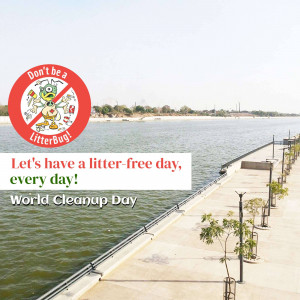 Image promoting a litter-free environment with a cartoon bug and a river view.
