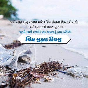 Plastic waste and seaweed on a beach with a message about World Environment Day.