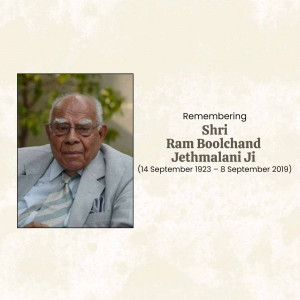 Portrait of Ram Boolchand Jethmalani Ji with dates of birth and death