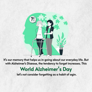 Illustration depicting a caregiver assisting an elderly person with Alzheimer's, with a puzzle piece shaped head and text promoting awareness.
