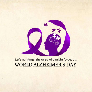 Purple ribbon with a brain silhouette and puzzle pieces representing Alzheimer's awareness.