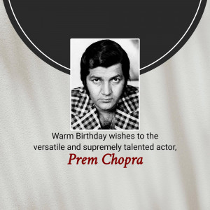 Portrait of actor Prem Chopra with birthday wishes text