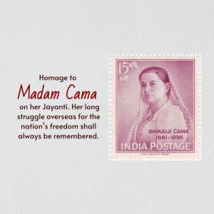 Indian postage stamp featuring Bhikaji Cama