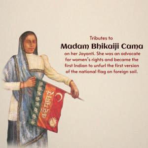Portrait of Madam Bhikaji Cama holding the Indian flag
