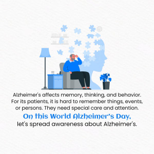 Illustration of a man sitting in a chair with puzzle pieces forming the shape of a head, representing Alzheimer's disease.