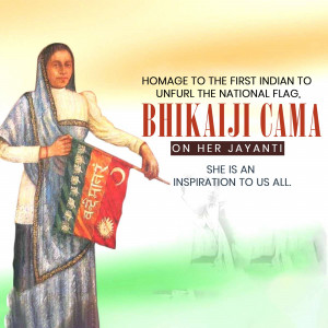 Portrait of Bhikaji Cama holding the Indian flag with text honoring her legacy.