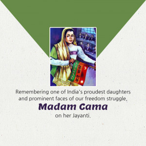 Portrait of Madam Cama with the Indian flag and text commemorating her birth anniversary.