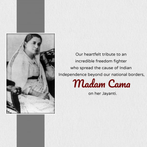 Black and white portrait of Madam Cama with a tribute message.
