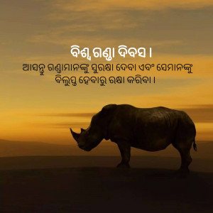Silhouette of a rhinoceros against a vibrant sunset background with text in Odia script.