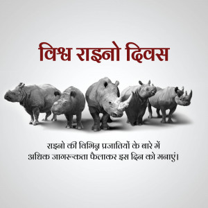 A group of rhinoceroses with text in Hindi celebrating World Rhinoceros Day.