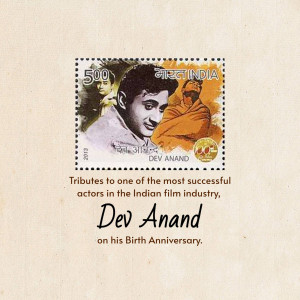 Indian postage stamp featuring Dev Anand, a famous Bollywood actor.