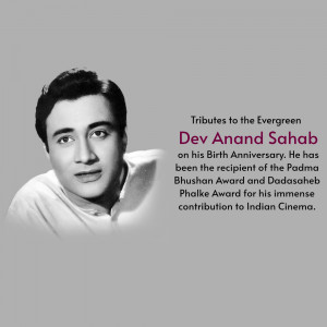 Black and white portrait of Dev Anand with text commemorating his birthday
