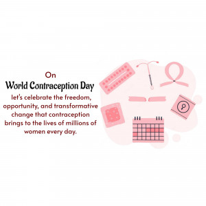 Illustration for World Contraception Day featuring contraception methods and a pink ribbon.
