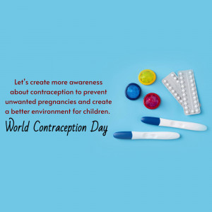 Contraceptive products and pregnancy test kits on a blue background with text promoting World Contraception Day.