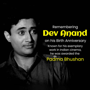 Black and white portrait of Dev Anand with text commemorating his birth anniversary.
