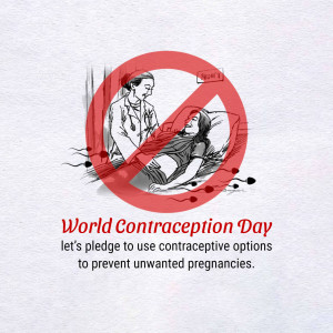 Illustration depicting a 'no' symbol over an image of a doctor and patient, promoting contraception.
