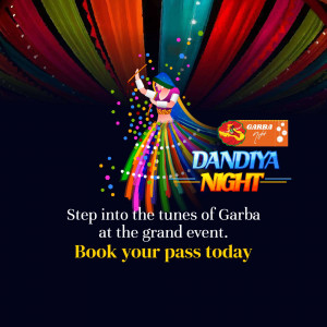 Colorful poster advertising a Dandiya Night event with a woman dancing with sticks.