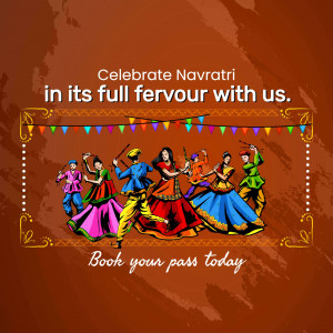 Colorful illustration of people dancing during Navratri festival with text promoting event booking.