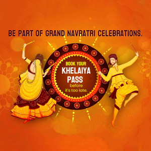 Navratri event poster with dancing figures and pass booking information.