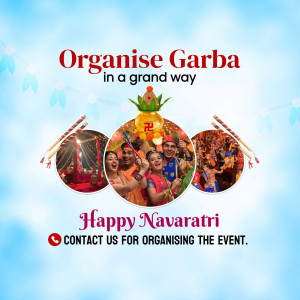 Navaratri Garba event promotion with people dancing and festive decorations.