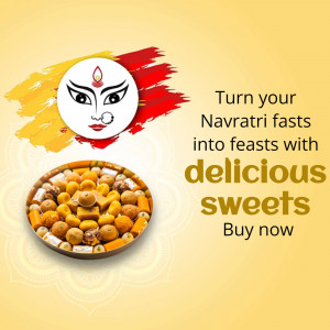 Image of sweets with a Navratri theme, promoting a sale.
