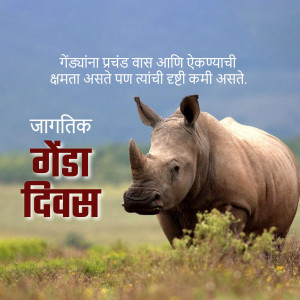 Image of a rhinoceros with text celebrating World Rhinoceros Day in Marathi.