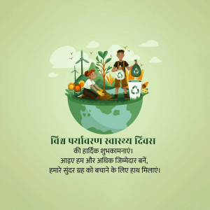 Illustration of people planting a tree on a globe with recycling bins, celebrating World Environment Health Day.
